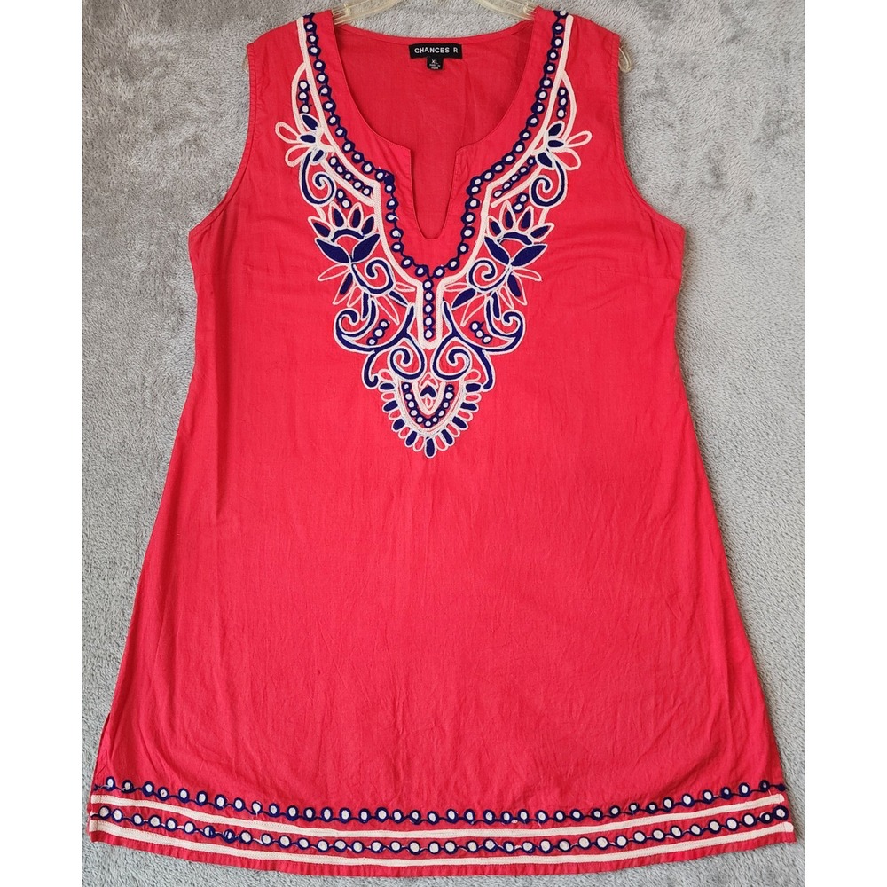 Chances R Dress Womens Red Embroidered Sleeveless Boho Summer Tunic Mini